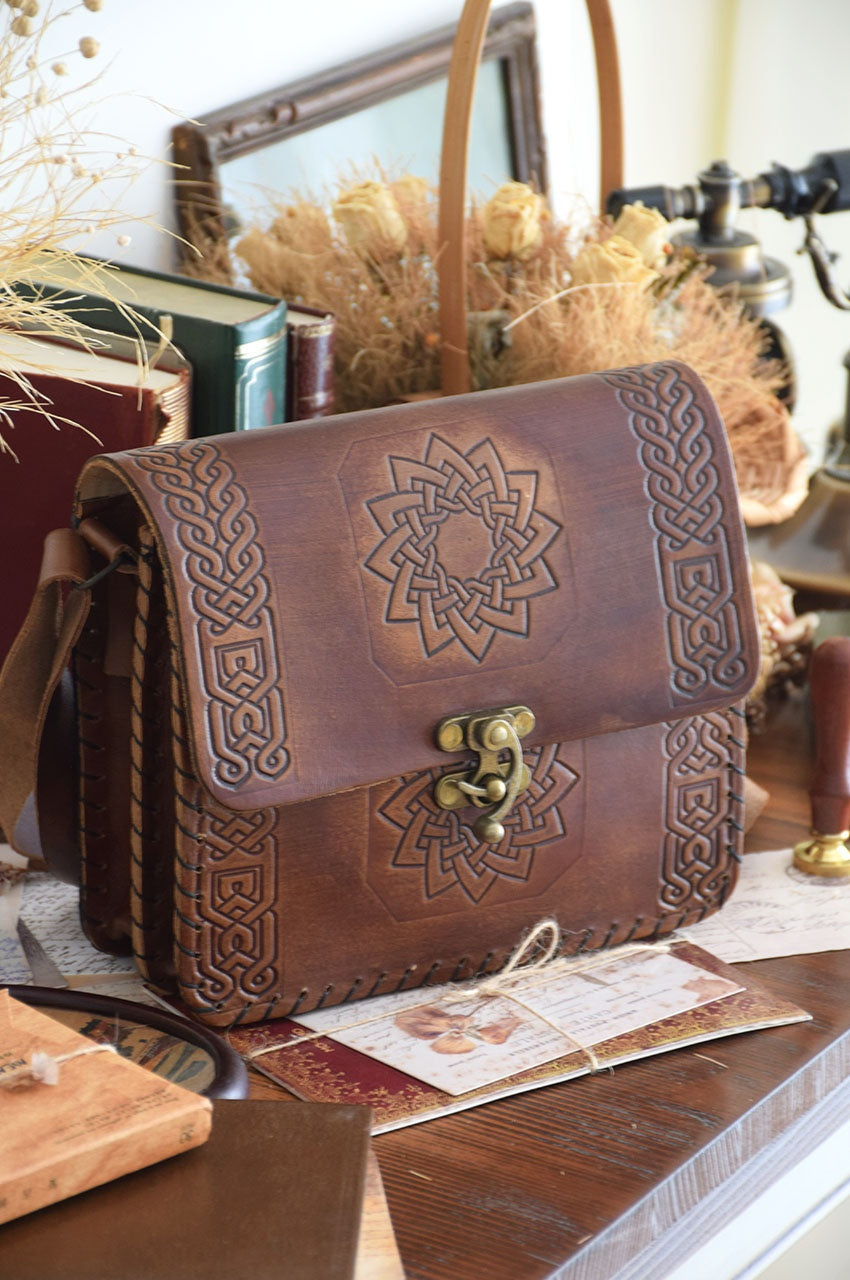 Sac bandoulière en cuir véritable motif ethnique, artisanal, réglable