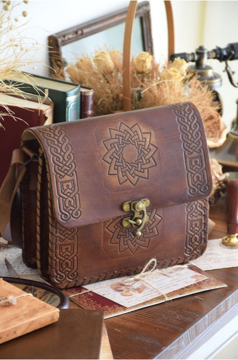 Sac bandoulière en cuir véritable motif ethnique, artisanal, réglable