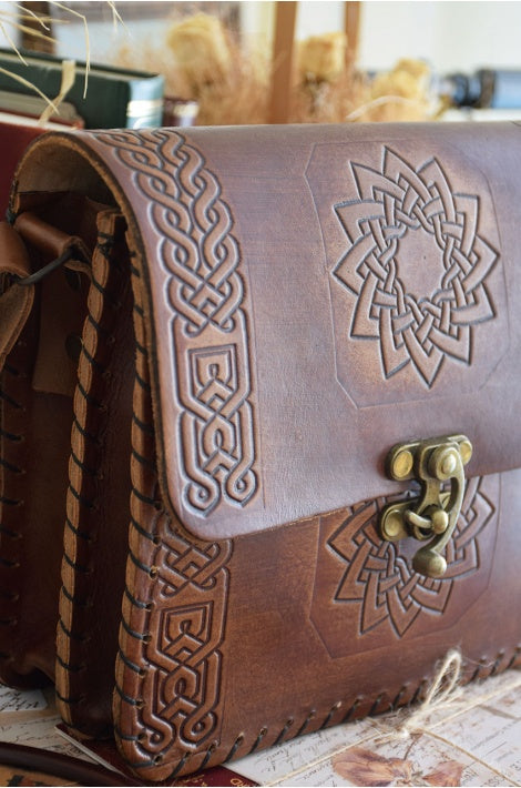 Sac bandoulière en cuir véritable motif ethnique, artisanal, réglable