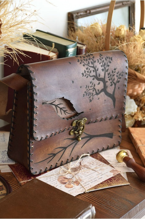 Sac cuir véritable motif arbre et feuilles, artisanal, sangle réglable