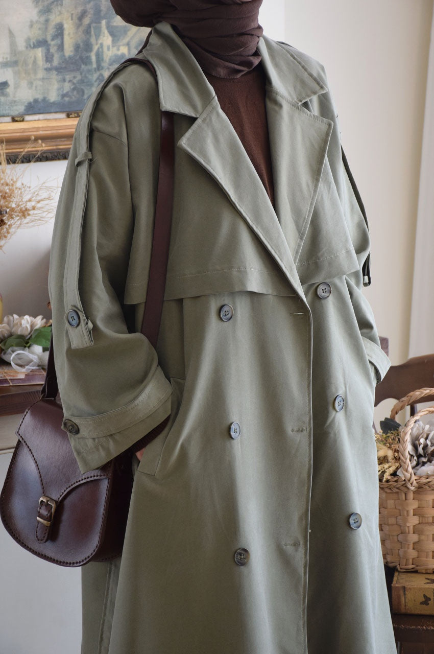 Trench oversize vert imperméable longueur 125 cm doublé