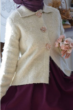 Cardigan élégant tricot doux col chemise fleurs boutons décoratifs