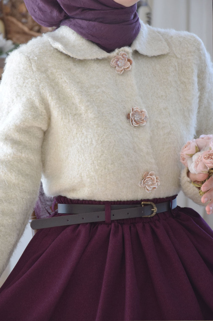 Cardigan élégant tricot doux col chemise fleurs boutons décoratifs