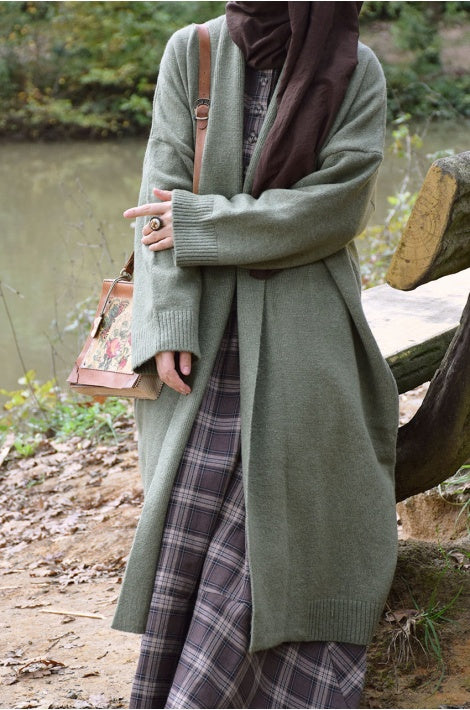 Gilet Tricot Long Oversize Chaud Manches Longues Coupe Fluide Vert