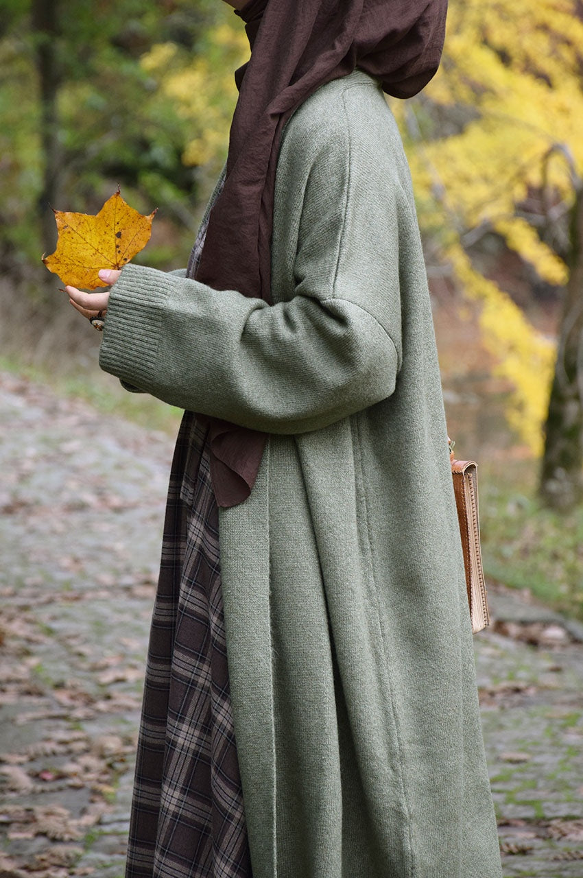 Gilet Tricot Long Oversize Chaud Manches Longues Coupe Fluide Vert