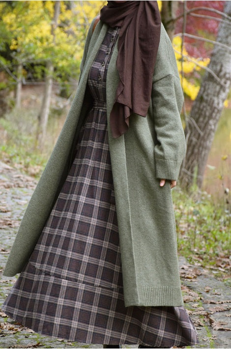 Gilet Tricot Long Oversize Chaud Manches Longues Coupe Fluide Vert