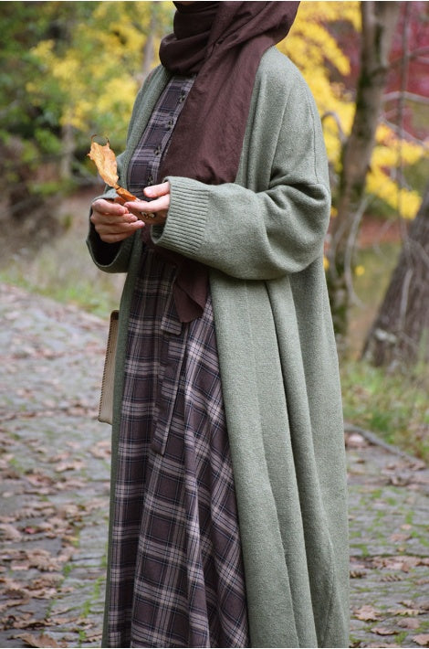 Gilet Tricot Long Oversize Chaud Manches Longues Coupe Fluide Vert