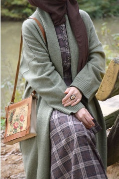 Gilet Tricot Long Oversize Chaud Manches Longues Coupe Fluide Vert