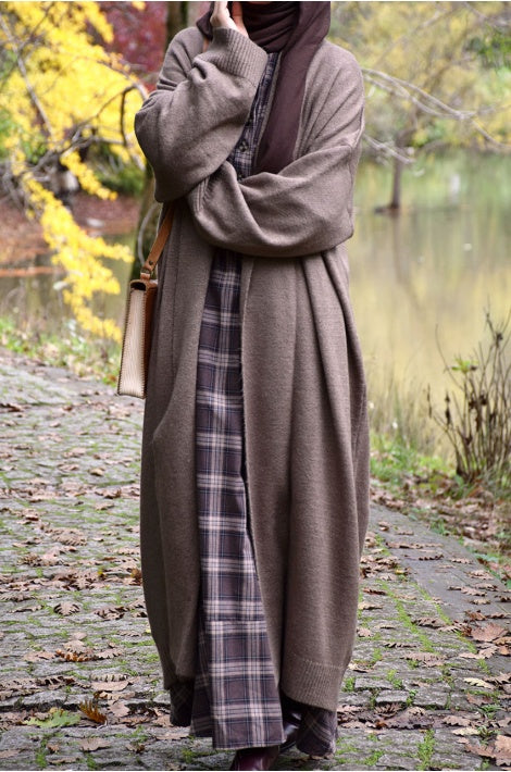 Gilet Tricot Long Oversize Chaud Manches Longues Coupe Fluide Vert