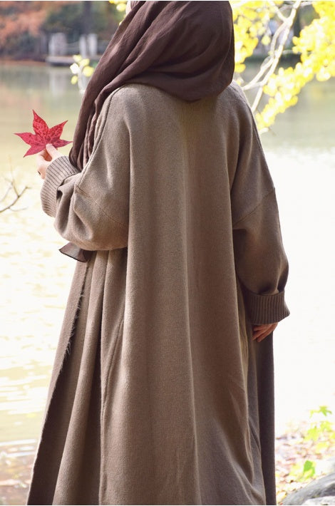 Gilet Tricot Long Oversize Chaud Manches Longues Coupe Fluide Vert