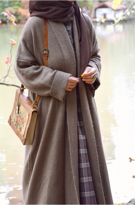 Gilet Tricot Long Oversize Chaud Manches Longues Coupe Fluide Vert