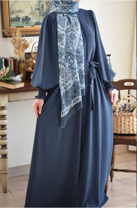 ABAYA Modèle Princesse Crêpe Coupe Fluide Manches Ballon Marron