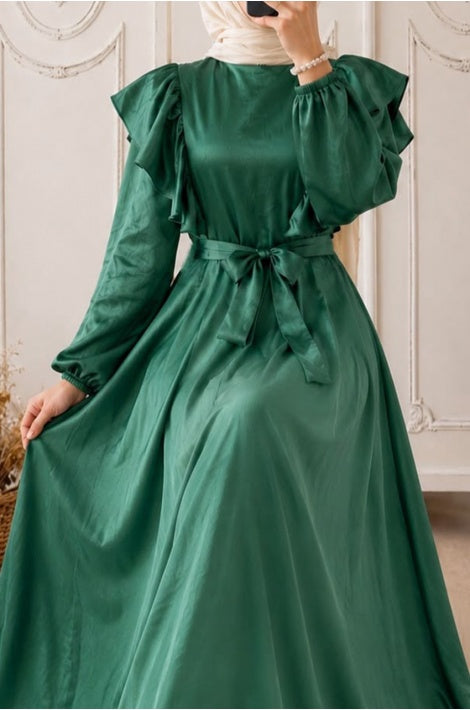 Robe festive  Longue Satin Volants Coupe Fluide Manches Longues Tabac