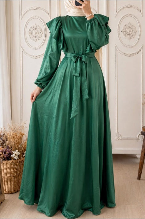 Robe festive  Longue Satin Volants Coupe Fluide Manches Longues Tabac