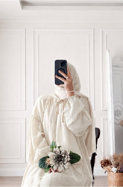 Robe Hijab Longue Coton Polyester Coupe Confortable Écru