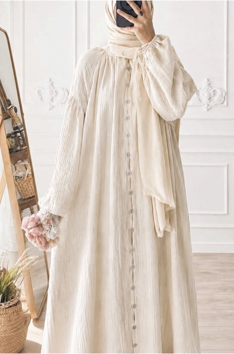 Robe Hijab Longue Coton Polyester Coupe Confortable Écru