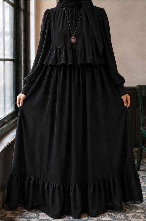 Robe Longue Femme Mousseline Crêpe Doublée Noir