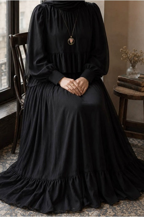 Robe Longue Femme Mousseline Crêpe Doublée Noir