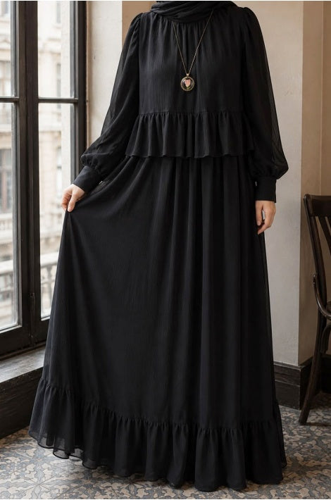 Robe Longue Femme Mousseline Crêpe Doublée Noir