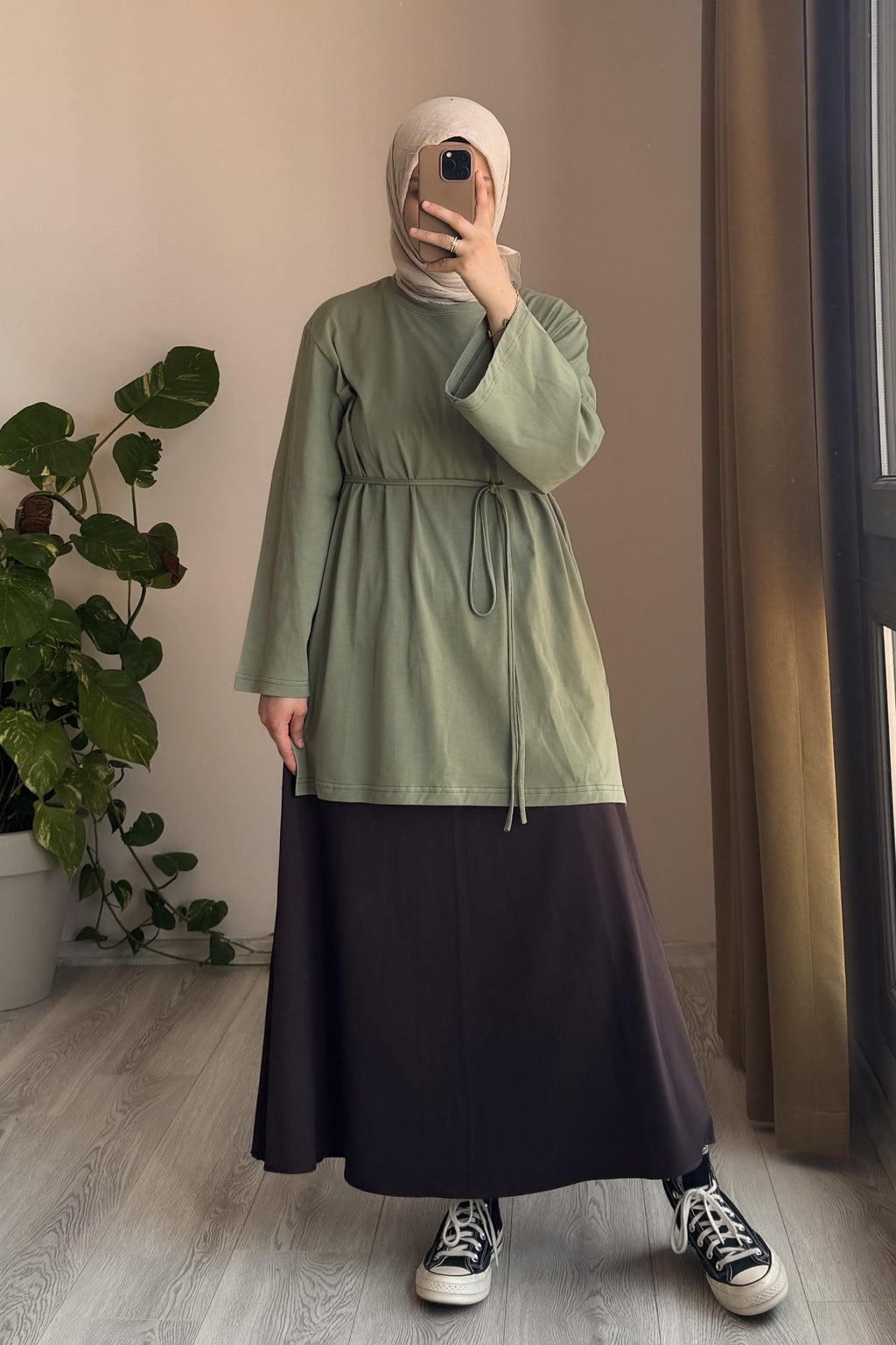 T-shirt long basique en coton penye vert Çağla confortable