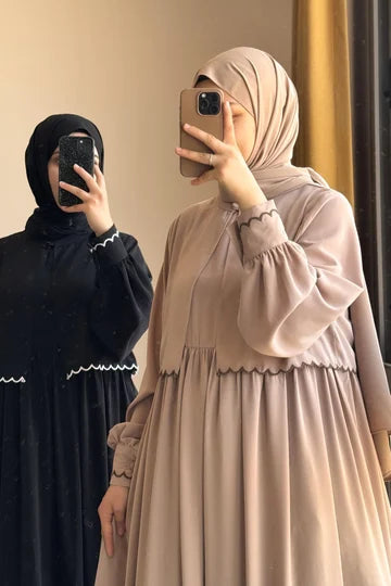 Ensemble Veste Brodé Soie Égyptienne Robe Longue Chic Femme Moderne Tabac