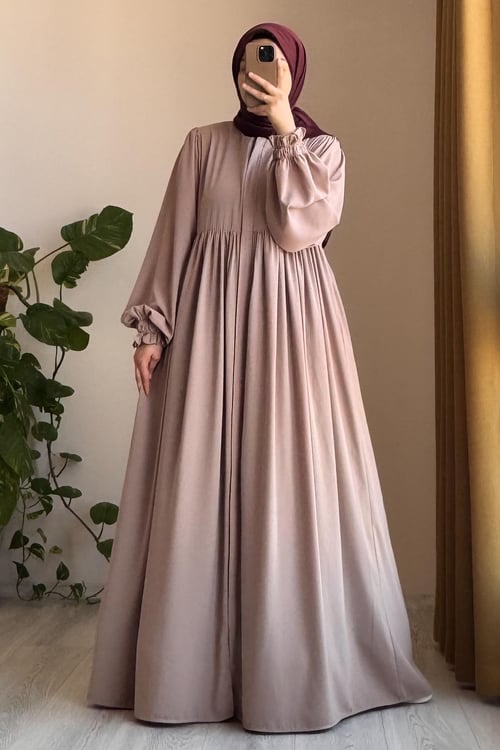 Élégante Abaya Ferace Robalı Beige Fluide Manches Bouffantes Modestie Chic Quotidienne