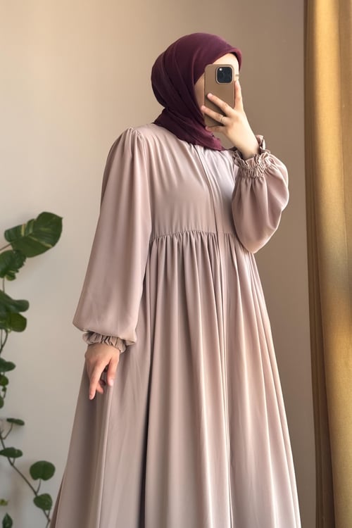 Élégante Abaya Ferace Robalı Beige Fluide Manches Bouffantes Modestie Chic Quotidienne