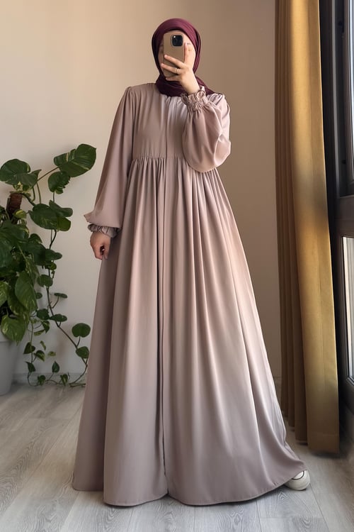 Élégante Abaya Ferace Robalı Beige Fluide Manches Bouffantes Modestie Chic Quotidienne
