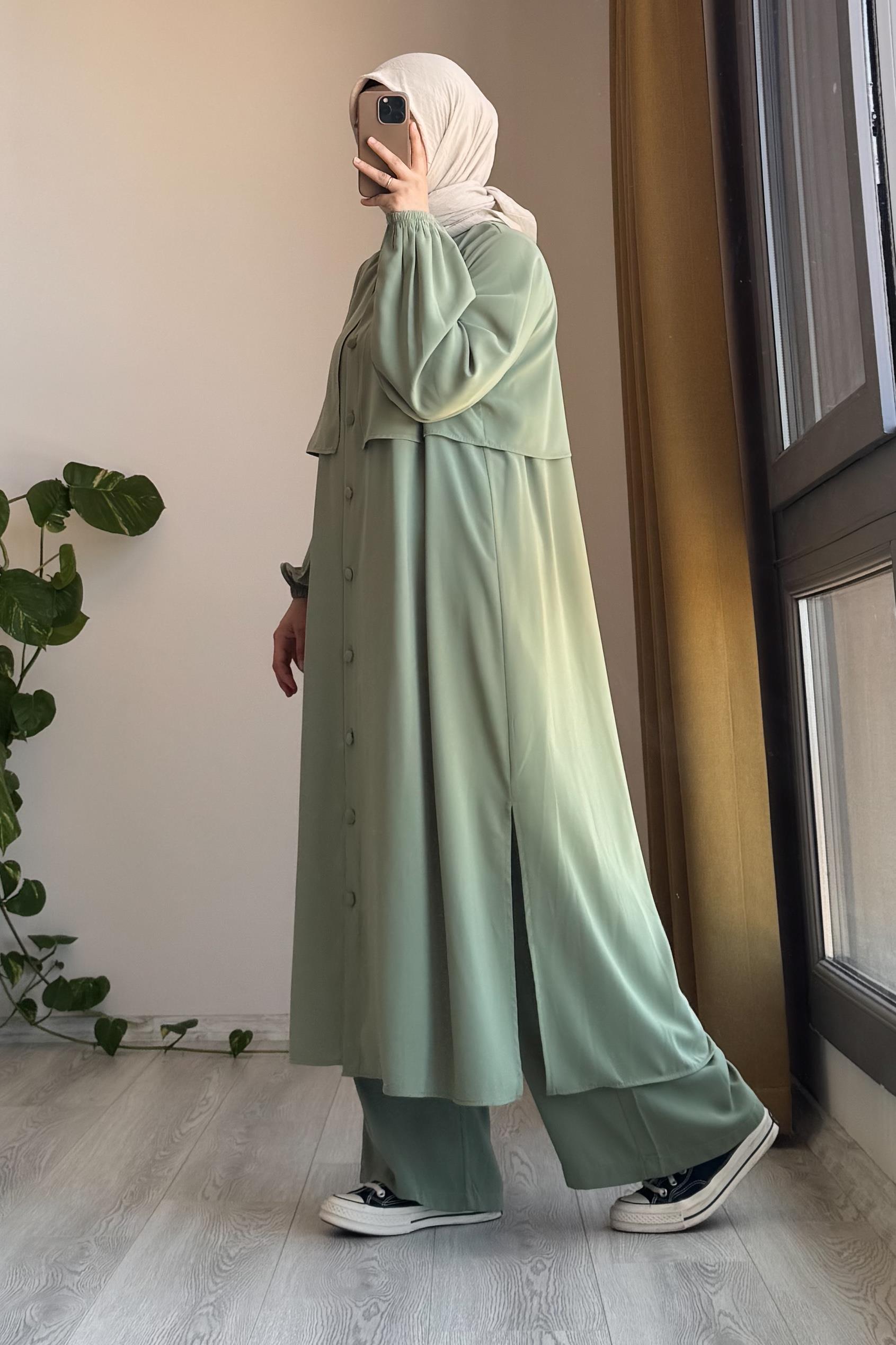 Ensemble tunique et pantalon vert Çağla en coton égyptien