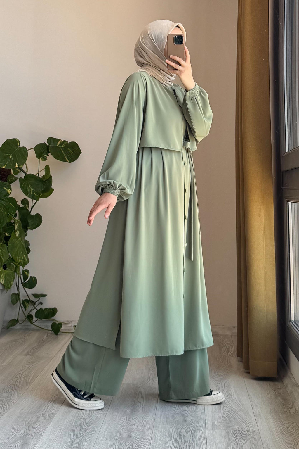 Ensemble tunique et pantalon vert Çağla en coton égyptien