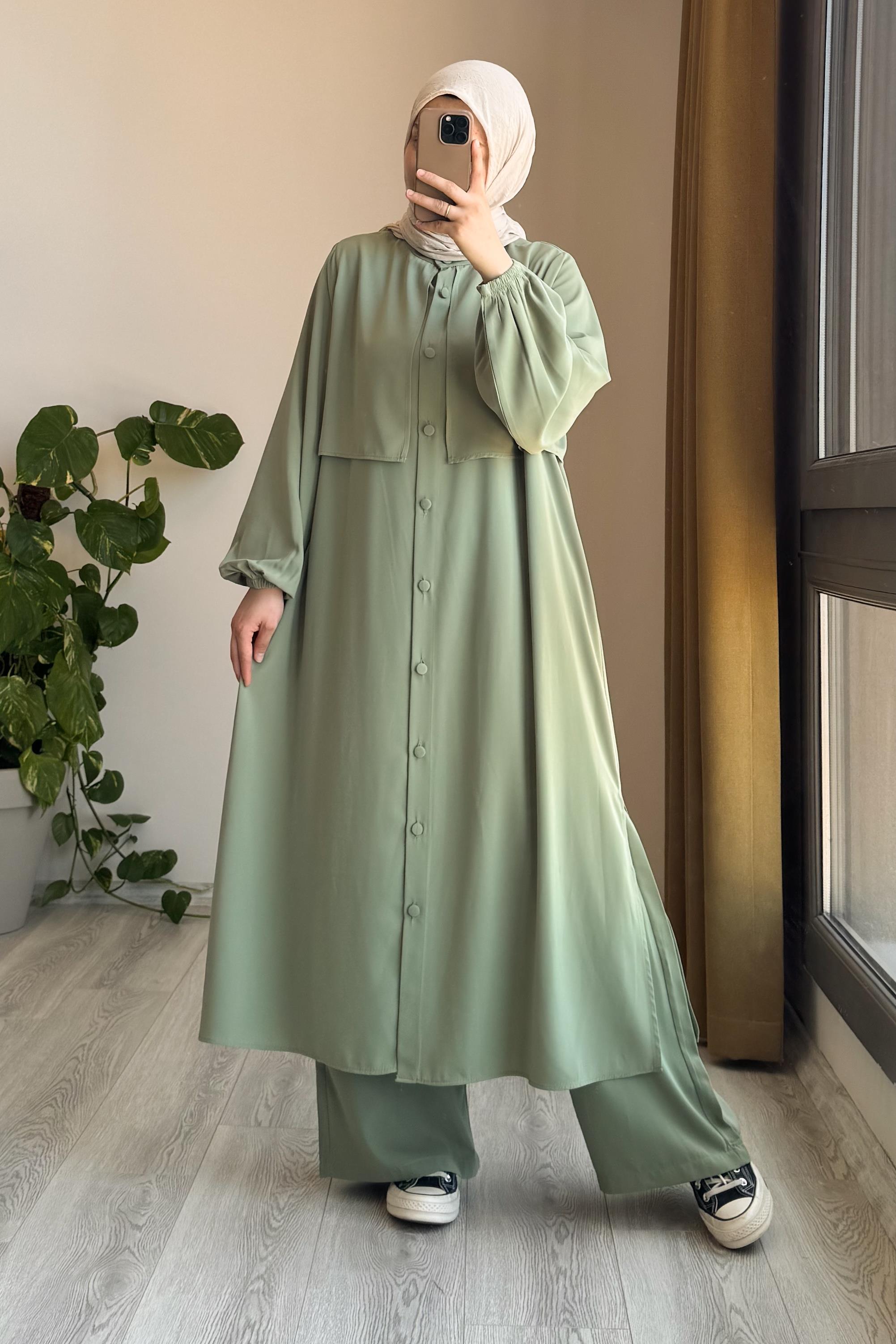 Ensemble tunique et pantalon vert Çağla en coton égyptien