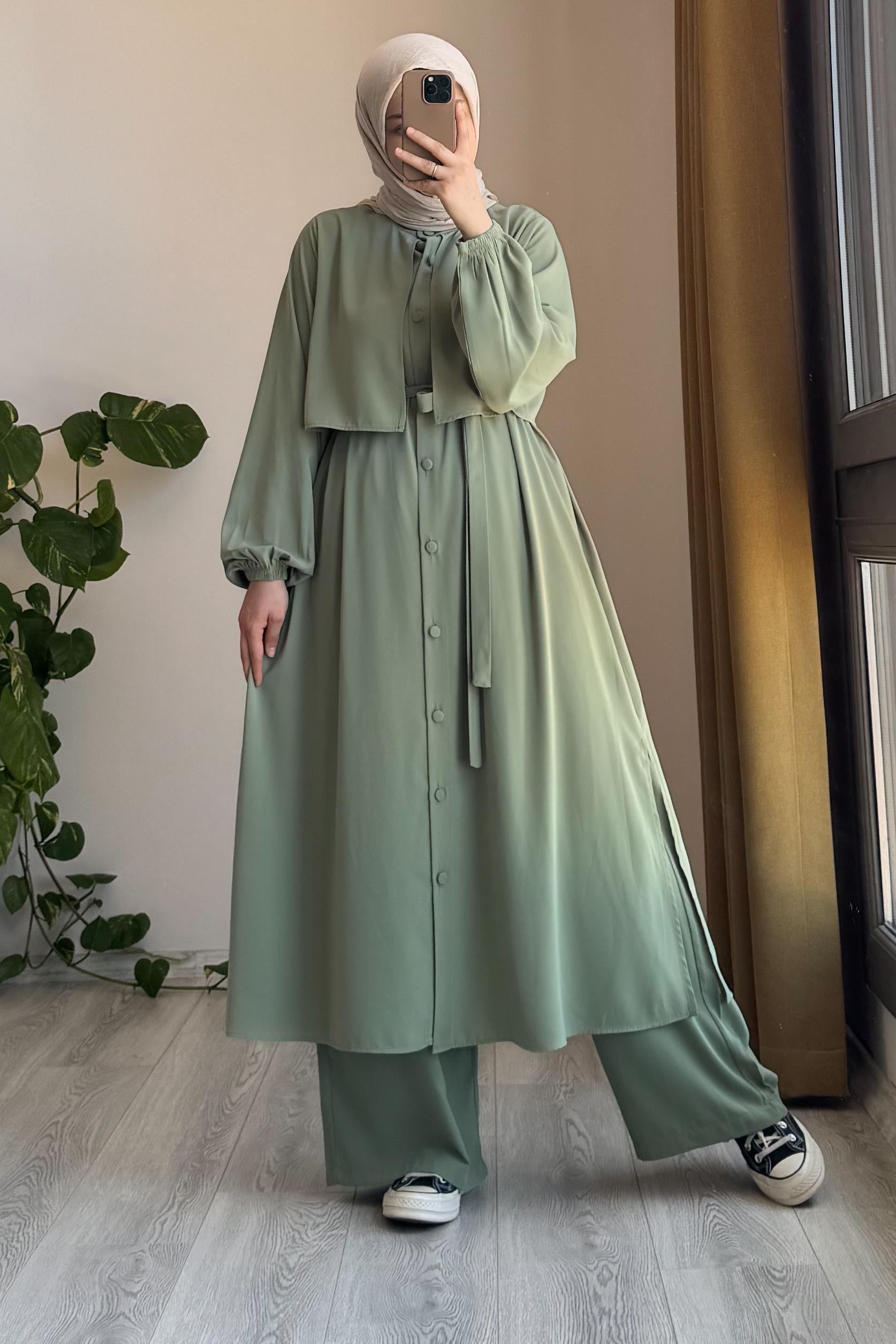 Ensemble tunique et pantalon vert Çağla en coton égyptien