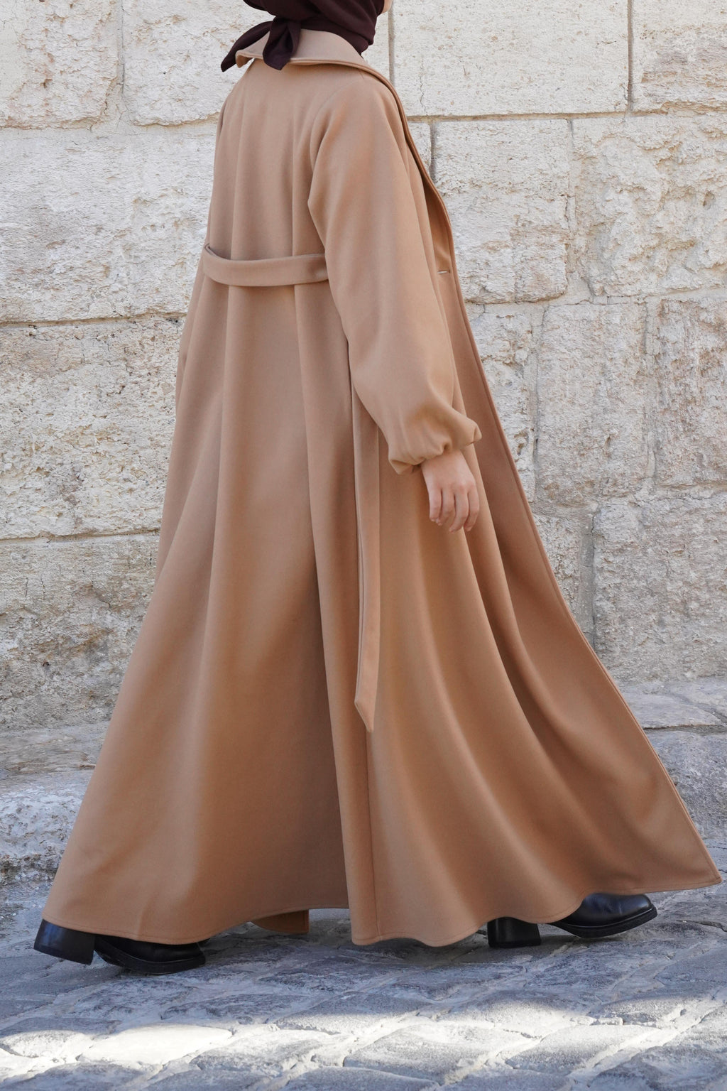 Élégant Manteau Long Col Châle Aspect Cachemire Beige Café au Lait