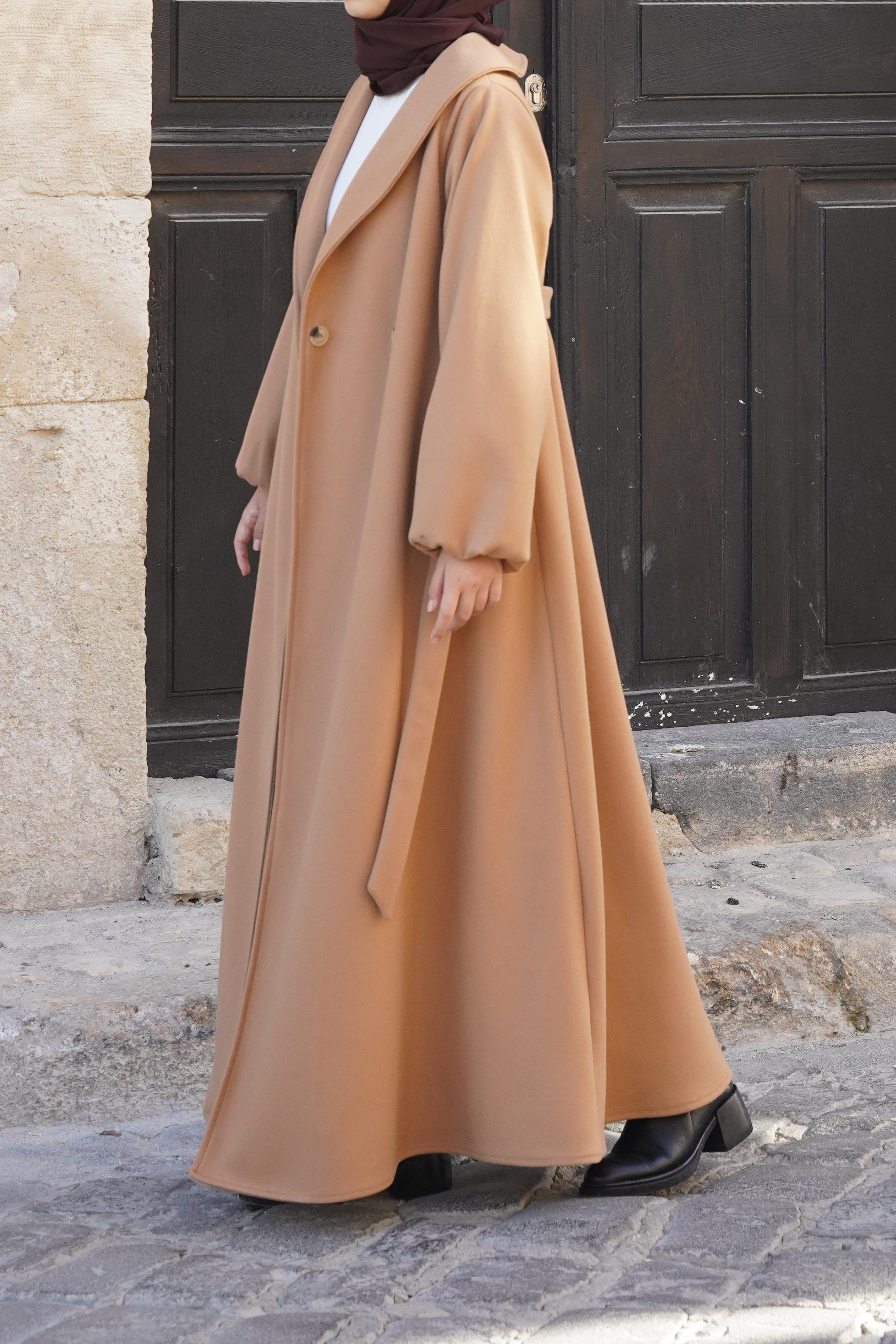 Élégant Manteau Long Col Châle Aspect Cachemire Beige Café au Lait
