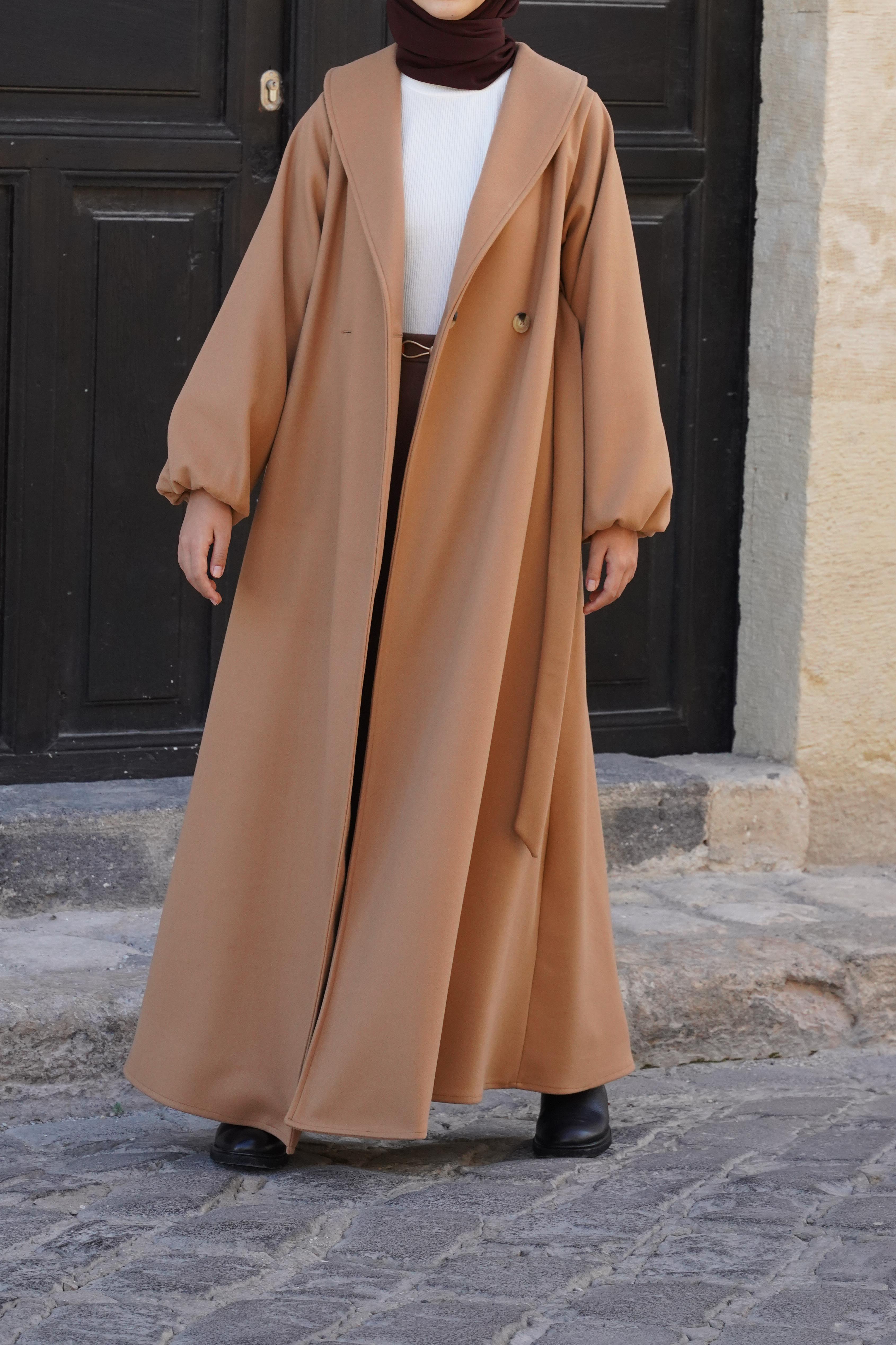 Élégant Manteau Long Col Châle Aspect Cachemire Beige Café au Lait