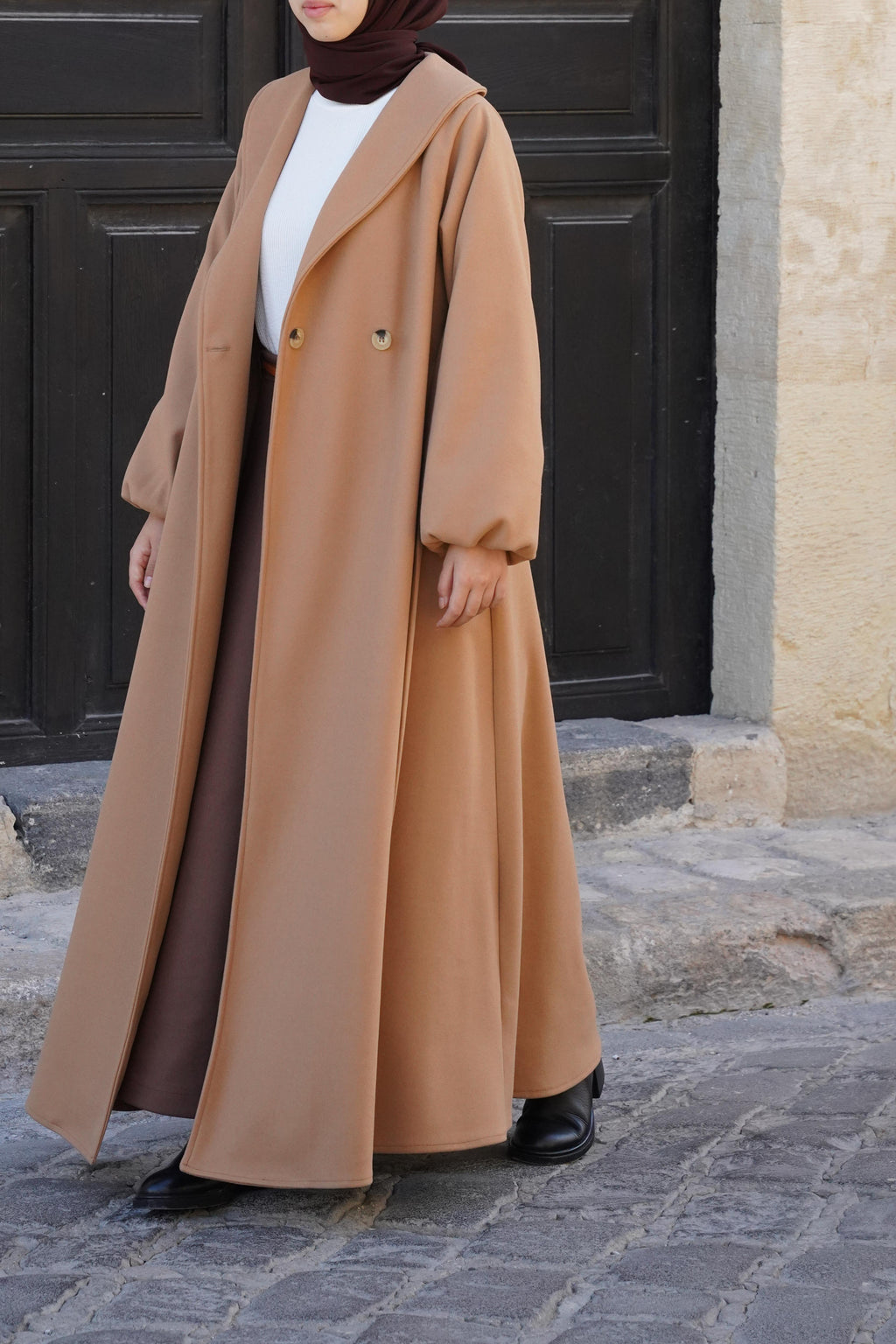 Élégant Manteau Long Col Châle Aspect Cachemire Beige Café au Lait