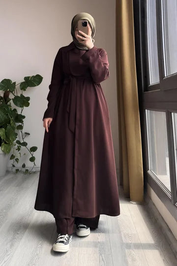 Ensemble trench long et pantalon vert pistache en crêpe