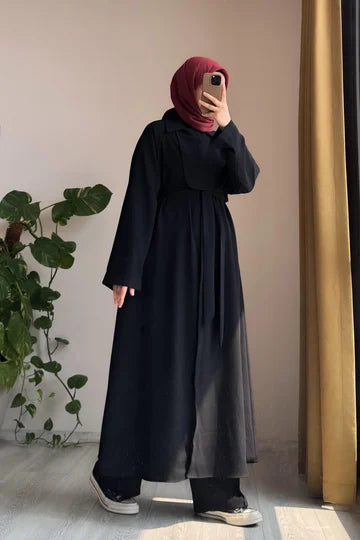 Ensemble trench long et pantalon vert pistache en crêpe